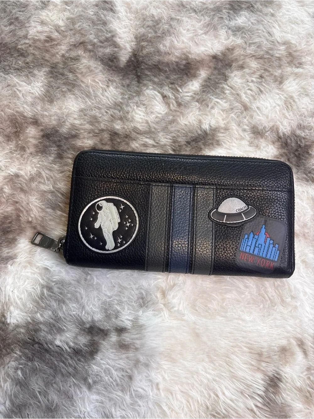Rare Coach Black Leather Zip-Around Wallet with Space Patch Accents